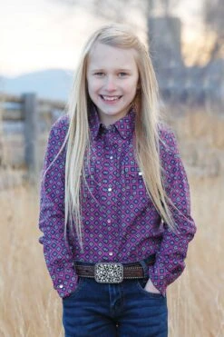 Cruel Girl | Girls Fuchsia Print Long Sleeve Snap Shirt