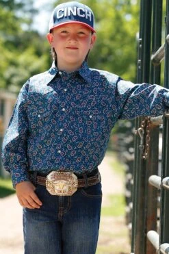 Cinch | Boys Western Navy Print LS Shirt