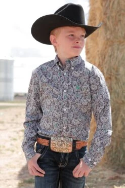 Cinch | Grey Paisley Print Boys LS Shirt